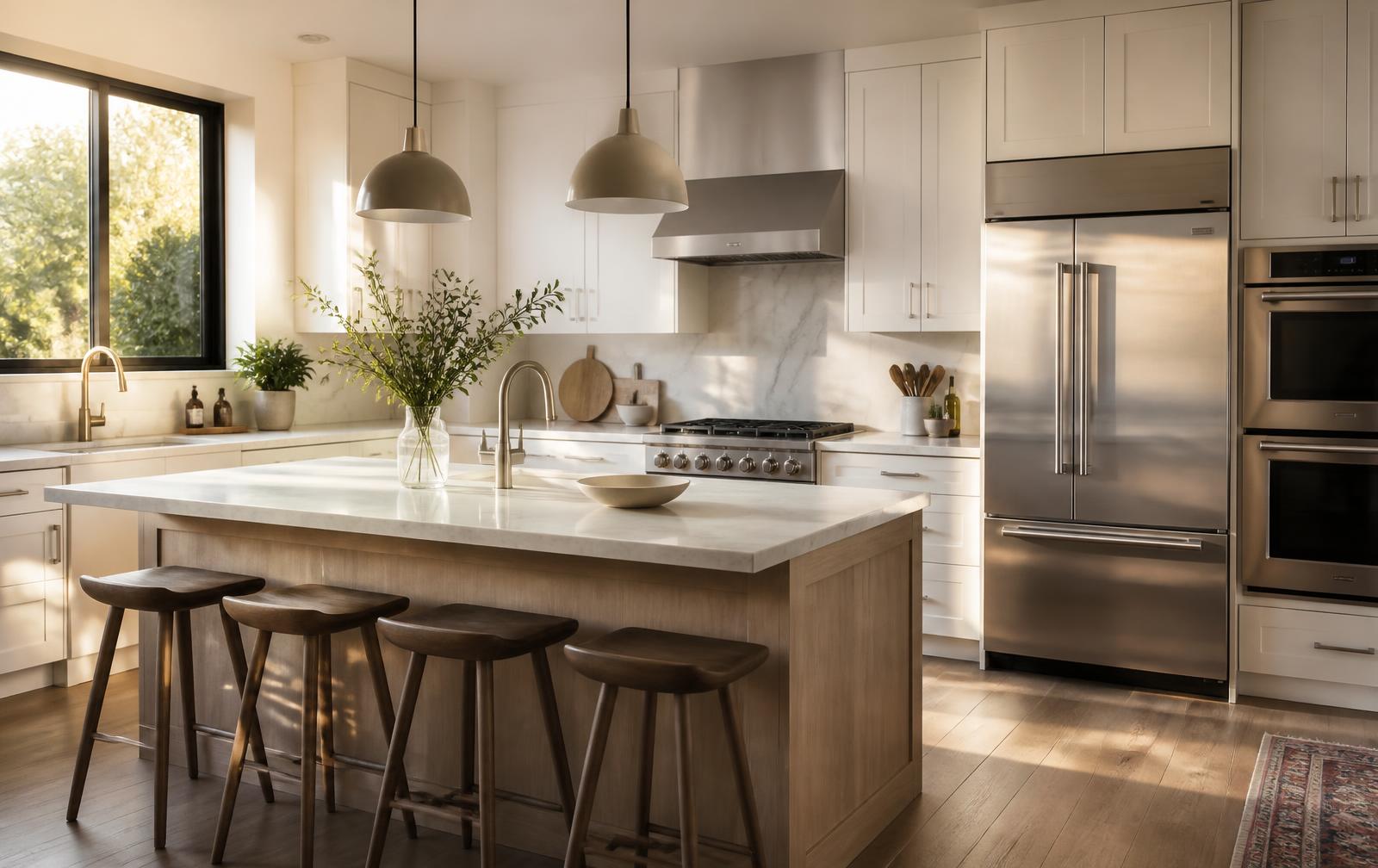 Modern kitchen fitted with stainless steel appliances